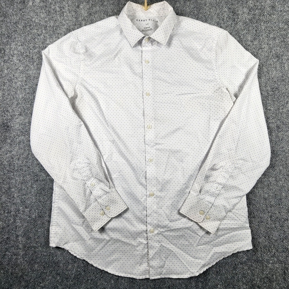 Perry Ellis Mens Large White Purple Micro Print Stretch Button Down Shirt L/G